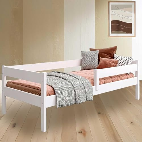 YOUKO Kinderbett 200x90 aus Kiefernholz - Montessori Bett Schlichten Stil - Kinder Bett für Jungen und Mädchen - Kinderbett mit rausfallschutz Ohne Matratze