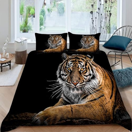 MAQUE Wilde Tiere BettwäSche 135x200 Tiger 3D-gemustertes Mikrofaser Bettwäsche-Sets, Weich Bettbezug mit Reißverschluss und 2 Kissenbezüge 80 x 80cm