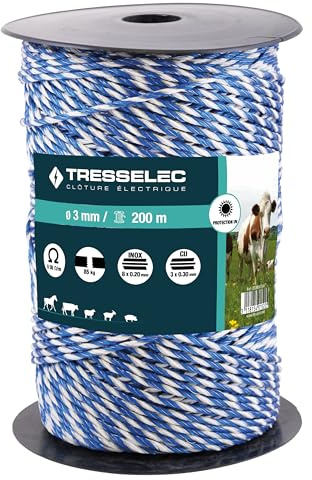 TRESSELEC Sladddiameter 3 mm - elektriskt djurstaket (ko, get, får, häst) - 200 m spole - 8 trådar i rostfritt stål, diameter 0,20 mm och 3 koppartrådar, diameter 0,30 mm