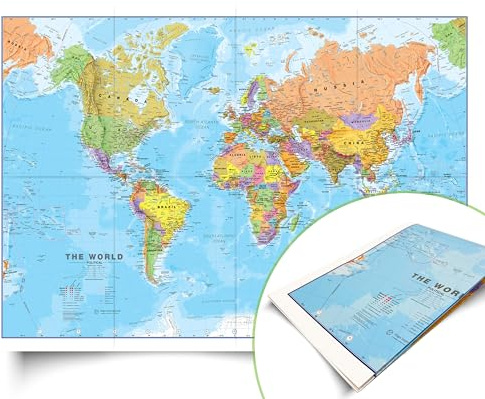 Maps International - Mappa del mondo - Carta artistica in seta Aggiornato 2026 - Formato piegato - 84,1 cm (larghezza) x 59,4 cm (altezza)