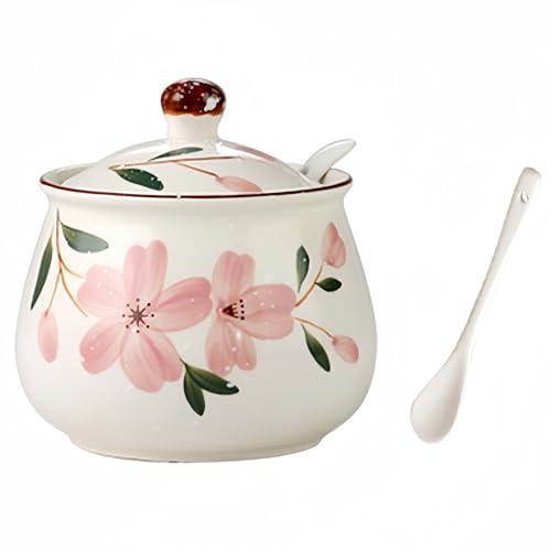 Dowbom Sucrier japonais avec couvercle et cuillère, pot à sucre, pot à sucre, pot à épices (fleur, 355 ml) DB-TG-006