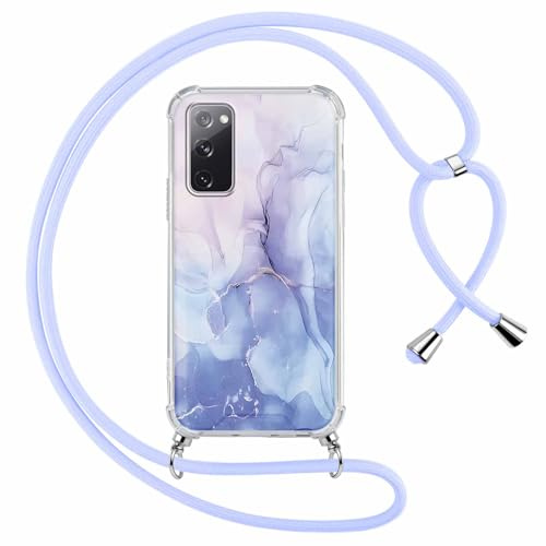 ZhuoFan Handykette für Samsung S20 FE 5G/S20 Lite/S20 Fan Edition Hülle mit Band, Transparent Aesthetic Marmor Muster Handyhülle mit Kordel zum umhängen Blau Necklace Case Silikon PC Schutzhülle, 03