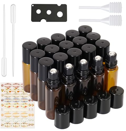 YFPOPONE Roll on flaska tom 5 ml, 16 st. rulle på eteriska oljor brunt glas rulle glasflaskor för eterisk olja, påfyllningsbar rollon-flaskor för oljor, doft, kosmetika, massage