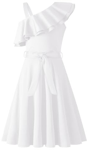 Arshiner Niñas Vestido Un Hombro Niños Verano Elegantes Festivo Escote con Volantes Vestido Sin Mangas Vestidos de Fiesta para Niñas 7-8 Años Blanco