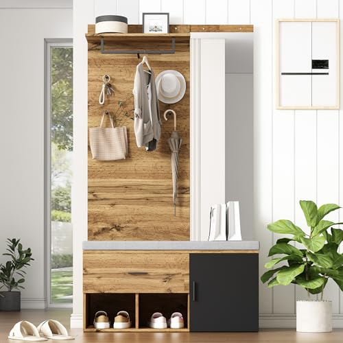 NNJN 190 cm hohes Garderobenset in Holzoptik mit Spiegel, Schuhbank (104 x 39 cm) mit Polster, Schuhschrank, Schublade, Regal, Kleiderhaken – Praktisches Design für den Eingangsbereich