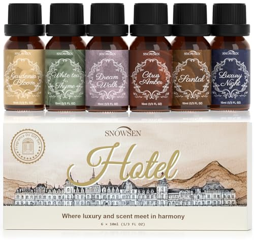SNOWSEN Luxury Hotel Collection Essential Oil Set for Diffuser, Home, Candle & Soap Making, Strong Fragrance Oils Scents - White Tea & Thyme,Santal,Luxury Night,Gardenia Bloom,Dream Walk,Citrus Amber