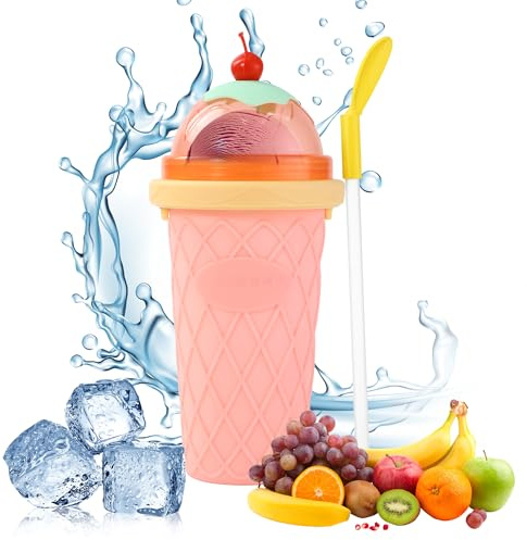Nuangoo Maker Becher, Silikon Squeeze Becher, Wiederverwend barer Eisbecher mit 2-in-1-Strohhalm und Löffel, zum Kneten Pinch Cup DIY (Rosa)