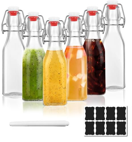 ZhouZGlass 6 pcs Glass Bottles with Stoppers, 250ml/8oz Swing Top Glass Kombucha Bottles with Swing Clip for Home Brewing Oil Vinegar Beer Wine Cider Soda