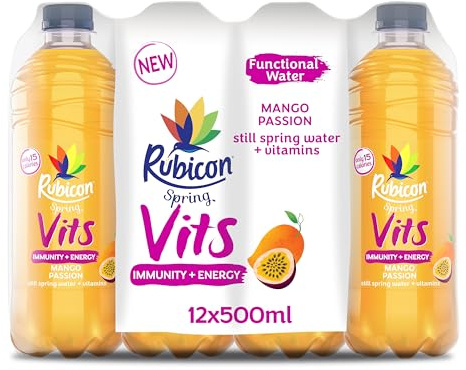 Rubicon Spring Vits Mango Passion Still Vitamin Water - 15 Calories per bottle for healthy hydration - Drinks Multipack 12 x 500ml Bottles