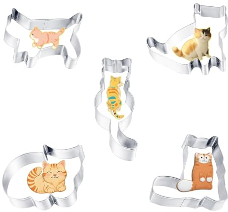 5 Pcs Cat Cookie Cutter, Safe Stainless Funny Cookie Cutters with 5 Different Cat Shapes Reusable Washable Cookies Cutter Set for Kitchen Baking Dessert Making