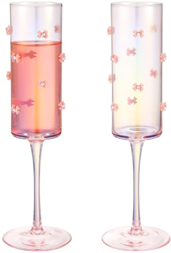 Hushee 2 Pcs Coquette Bow Wine Glasses Pink Bow Champagne Glasses 8.7 oz Coquettish Container for Shower Weddings Engagements Party Gifts