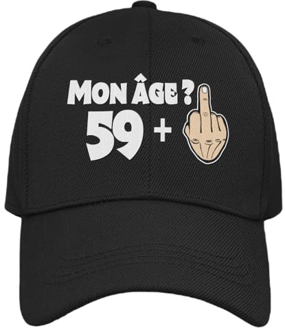Casquette Homme Femme 59 + 1 Cadeau Anniversaire 60 Ans Idées Originales Cadeaux Âge pour Lui pour Elle Taille Unique Casquette Noire à Visière (FR/ES, Alpha/Lettres, Taille Unique, Noir)
