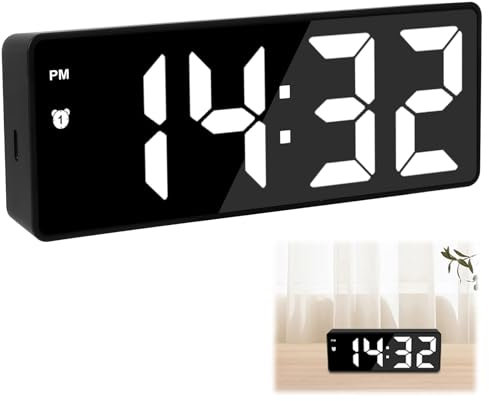 Sveglia Digitale, Sveglia da Comodino con Temperatura e LED Grande Schermo Snooze Orologio da Comodino USB/batteriaa Specchio 3 Livelli di Luminosità USB Ricaricare Sistema 12/24 Ore (luce bianca)