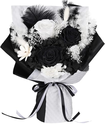 Bouquet di Fiori Stabilizzati per Consegna – 3 Rose Eterne Vere in Scatola Regalo, Bouquet di Fiori Eterni Bianco e Nero di Lunga Durata, Regali di Compleanno per Donna, Mamma, Moglie, Lei