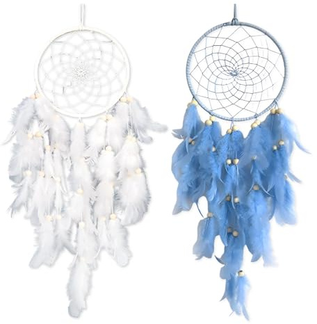 Dream Catcher, 2 Pack Blue and White Feather Dream Catchers for Wall Hanging, Boho Decor for Girls Bedroom, Dorm Room, Living Room, Window Decor, Dreamcatcher Kit with Art Deco Design