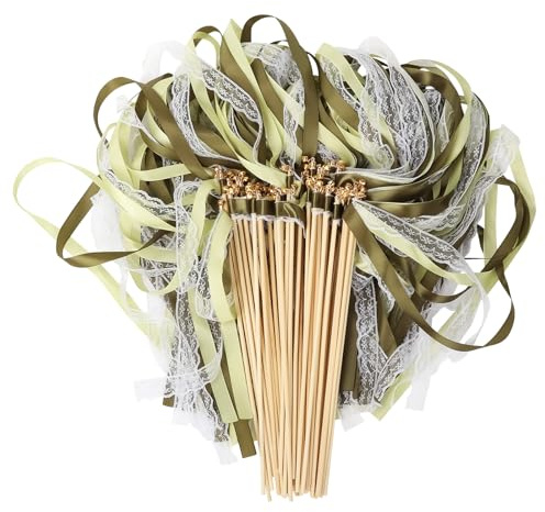 50 Stück Wedding Wands,Zauberstäbe Hochzeit Glücksstäbe mit Glocke und Hochzeitsbändern,Hochzeitsstäbe Seidenfeenstab Hochzeit Stäbe für Hochzeiten,Geburtstage,Feiertagsfeiern (Grün)