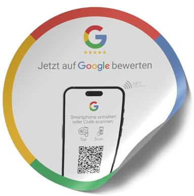Google Bewertung NFC Aufkleber „Tap“ – NFC & QR Code Sticker für mehr Google Reviews | Bewertungslink direkt integriert | Kundenfeedback einfach sammeln | Made in Germany