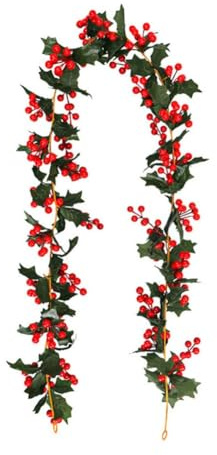 FUBESK Guirnalda de acebo artificial de 175 cm, decoración navideña con hojas verdes y bayas rojas, vid de seda de plástico para el hogar, jardín, boda, fiesta, exhibición festiva (plata)