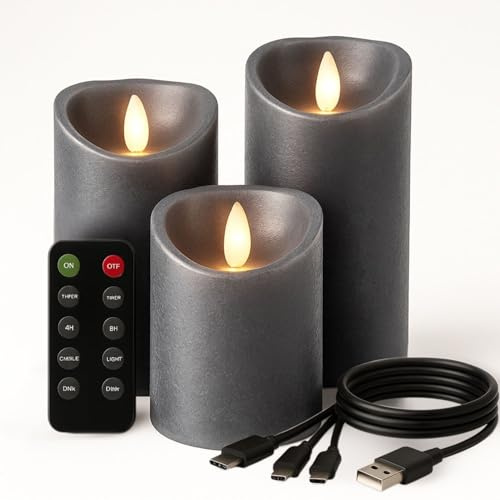 FLINQ Wiederaufladbare LED Kerzen mit Bewegender Flamme – 3er Set Antrazitfarben mit Fernbedienung, Timer & Dimmfunktion – Echtwachs Optik, Flackernde Flamme