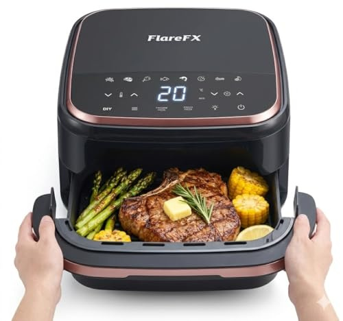 FLAREFX 4.5QT Air Fryer Pizza Oven with 11 Presets, Air Fryers with Dual Heating & 360° Airflow | Viewing Window | Touch Display, Nonstick Airfryer for Roast, Bake, Dehydrate, Microwave, Reheat & More