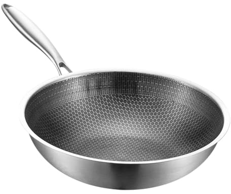 Gadpiparty Padella Wok in Acciaio Inossidabile Nonstick Fondo Piatto Strutturato Manico Ergonomico per Gas e Piani Cottura Multipli Versatile per Verdure Pesce e Zuppe