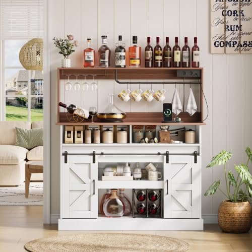 Merax Credenza bar da 120 cm con ante scorrevoli, porta bicchieri e prese (2 x AC, 2 x USB), stile rustico per cucina e soggiorno, armadietto con spazio di archiviazione