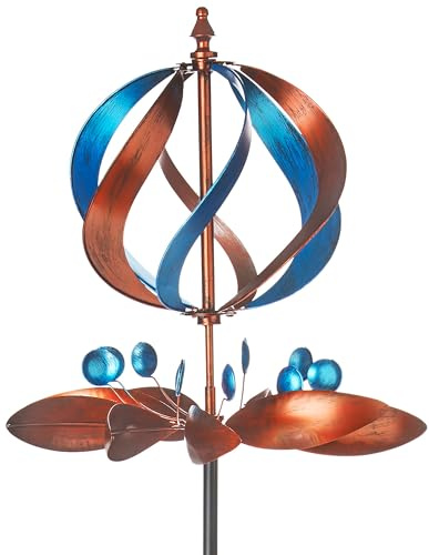Kobolo Windrad Dekostecker Twirl | 60x60x212 cm | Metall | braun-blau | modernes Garten-Windspiel | XXL Metallwindrad für Gartendeko, Vorgarten & Outdoor-Dekoration | robuster Gartenstecker
