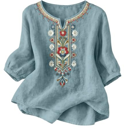riou Camisas Mujer Manga 3/4 Algodón y Lino Primavera Cuello en V Casual T-Shirt Vintage Bordado Camiseta de Mujer Moda Casual Elegante Suelto Fiesta Tops T-Shirt Original Oficina Negocios