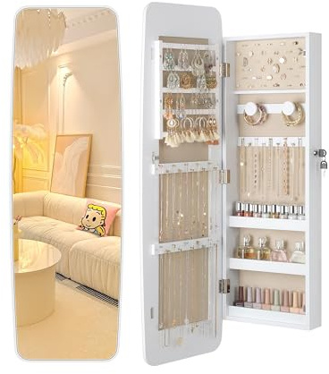 Nicetree Mirror Jewelry Cabinet Wall Mounted, Lockable Hanging Jewelry Armoire Organizer, Rounded Jewelry Armoire with Full Length Mirror, Wide Mirror with Storage, Moon White