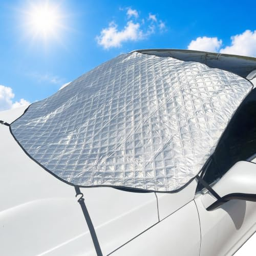 NOYVYDS Cubierta Parabrisas Coche 157 x 126 cm, Parasol Coche Delantero Anti UV y Calor, Magnética con 3 Imanes y Ganchos, Impermeable, Anti Hielo Nieve, Universal