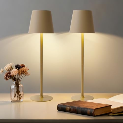 Bonsery LED Tischlampe Kabellos 2er Set Khaki, 5200 mAh Akku Tischleuchte Stufenlos Dimmbar & 3 Farbtemperaturen, Nachttischlampe Touch mit Schnellladung USB-C für Indoor Outdoor Nachttisch Restaurant