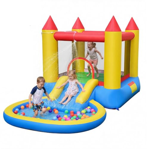 Maxmass Inflatable Bouncy Castle, 3-in-1 Kids Bounce House with Slide, Ball Pit Pool and Carrying Bag, Indoor Outdoor Blow up Playhouse for Lawn Yard Park (Classic Theme without Air Blower)