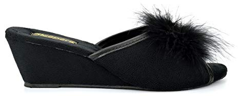 Sleepers Womens Jewelled Rosette Boa Wedge Mule Slippers Black 5 UK