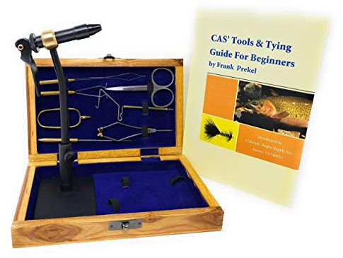 Colorado Anglers Fly Tying Standard Tool Kit with Wooden Box & Book, Rotary Vise, Bobbin, Scissors, Whip Finisher, Complete Set for Beginners & Pros