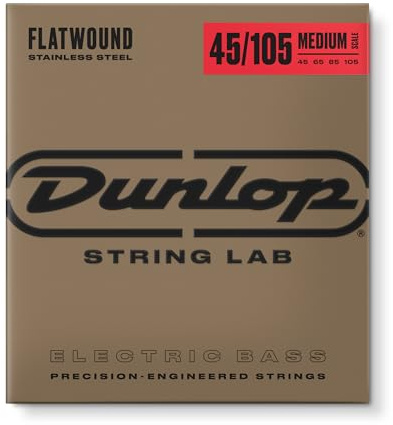 Dunlop bassträngar med platt botten av rostfritt stål, medium Mensur 45–105