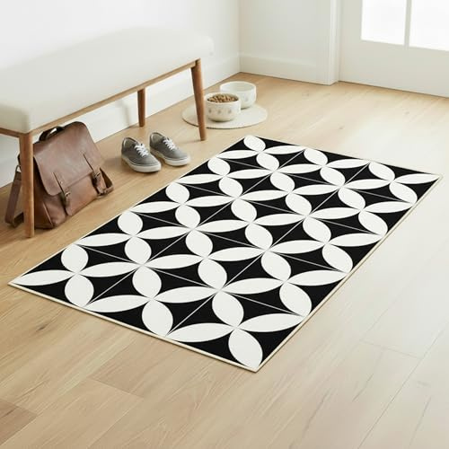 Ambiance-Live PVC-Teppich. rutschfest. Zum Schutz von Fußböden. Zementfliesen-Design. Handwäsche. Dicke: 2,2 mm. 60 cm x 100 cm. Schwarz und Weiß.