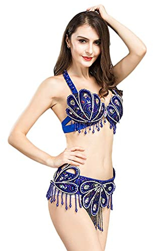 ROYAL SMEELA Bauchtanz BH Gürtel Kostüm Damen Sexy Elegante Exquisit Pailletten Kristall Bauchtanz BH Gürtel Professionelle Performance Tanzkleidung Silber Grün Blau Große Größen