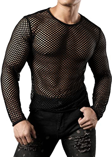 JOGAL Men's Mesh Fishnet Fitted Muscle Top (S, [Long Sleeve] Black)