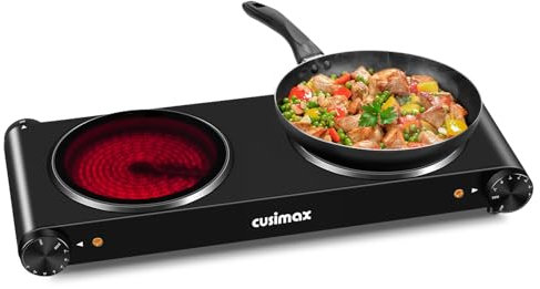 CUSIMAX Double Electric Hob, Portable Ceramic Hot Plate, Double Camping Hob Infrared Cooktop Electric Hob with Dual Temperature Control, Crystal Glass Plate Easy to Clean, 2400W