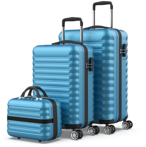 NEWTECK-Kofferset 3 Teilig Hartschale mit Kosmetikkoffer ABS, Mittlere Koffer (63cm) und Handgepäck Koffer (53cm), Langlebig, 4 Räder, Bequem und Leicht. Reisekoffer Set Schlösser Kombination (blau)