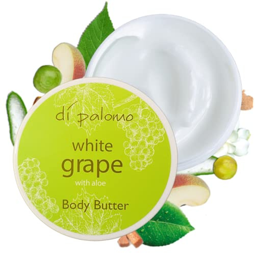 Di Palomo Burro per il corpo vegano all'uva bianca e aloe da 200 ml. Crema idratante per il corpo e lozione per il corpo. Burro per il corpo al burro di karitè con cura della pelle. Burro per il corpo