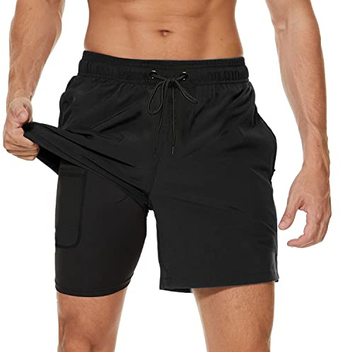 Arcweg Shorts de Bain Homme étanche Séchage Rapide 2 en 1 Maillot de Bain Homme avec Doublure de Compression Noir L (EU)