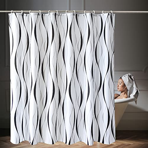 WedDecor Bathroom Shower Curtain Waterproof Anti Mould Mildew Resistant, Heavy Duty 100% Polyester Fabric Curtains Liner with 12 Curtain Hooks, 180cm x 180cm, Black, Grey & White