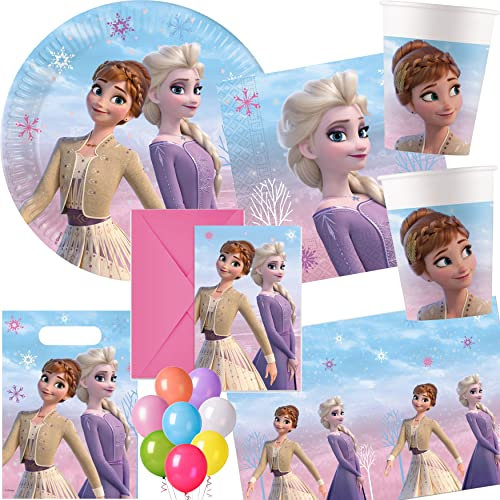 101-tlg. Party Set * FROZEN WIND SPIRIT * für Kindergeburtstag und Mottoparty: Teller + Becher + Servietten + Einladungen + Tischdecke + Partytüten + Luftschlangen + Ballons | Kinder Geburtstag Elsa