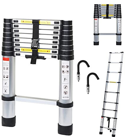 Ansobea Scala telescopica con gancio rimovibile, 2,6 m, in alluminio, scala pieghevole antiscivolo, scala multiuso, 150 kg, portata 330 libbre, scala in alluminio, 9 pioli