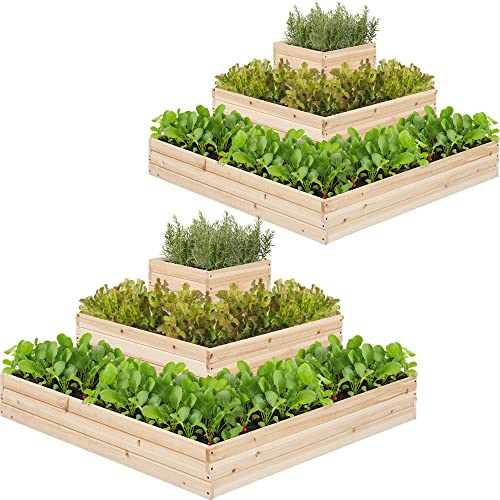 Yaheetech 2PC Wooden 3 Tiers Raised Bed, Divisible Planting Planter Box for Flowers/Vegetables/Herbs, Garden Square Raised Bed in Backyard/Patio Outdoor, 113cm×113cm×52cm, Natural Wood