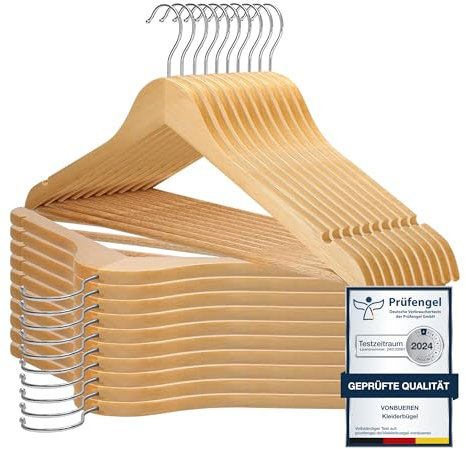 VonBueren 20 x Kleiderbügel Holz | 44,5 x 22 cm je Bügel/Holzbügel | Holzkleiderbügel | 360 Grad drehbar