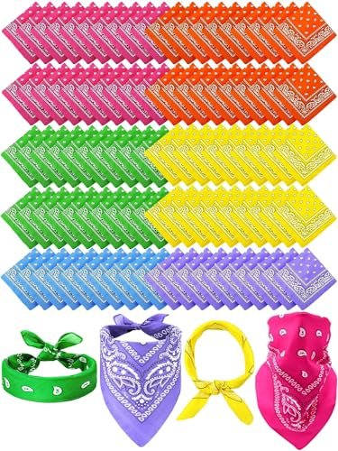 Unittype 100 Pieces Paisley Bandanas Bulk Unisex Cowboy Bandanas Assorted Headband Square Scarf for Western Party Costume(Neon,Simple)