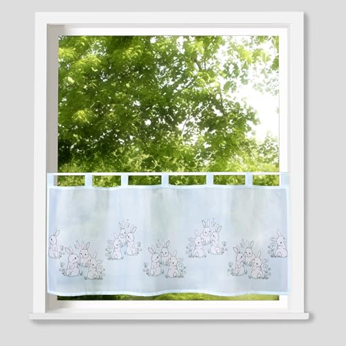 Hans-Textil-Shop Scheibengardine 45x120 cm Hasen Hellblau - Fenster Deko Frühling Hase Ostern Kinder Zimmer
