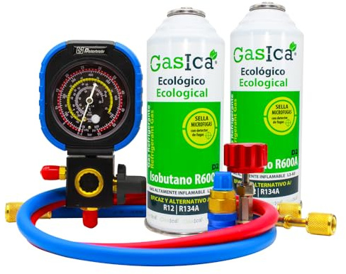 Gas refrigerante orgánico sustituto del R12 y R134A (2 botellas + manometro + llave + conector rapido)